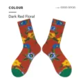 Vintage floral mid-calf cotton socks in deep red, stylish street fashion couple socks. - Deep Red Floral
