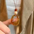 Collana Con Pendente In Resina Ambra Stile Cinese Vintage Perle Di Legno Etnica Gioielli - Collana Stile Ambra Irregolare / Ambra