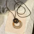 Retro etnico zen perle di legno collana lunga vintage maglione catena per donna gioielli - Collana in Corda di Canapa ad Anello Tondo / Caffè