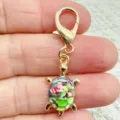 Colorful turtle charm keychain with lobster clasp, cute printed metal bag pendant accessory. - Gray
