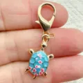 Cute turtle keychain charm with blue floral print, gold metal lobster clasp bag pendant. - Red