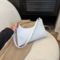 White crocodile pattern baguette shoulder bag, minimalist chic PU leather underarm handbag. - White