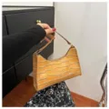 Brown crocodile embossed baguette bag, stylish PU leather underarm handbag for women. - Yellow