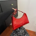 Red crocodile pattern baguette shoulder bag, stylish shiny patent leather handbag for women. - Red