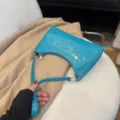 Blue crocodile pattern baguette shoulder bag stylish underarm handbag for women. - Blue
