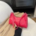 Pink crocodile embossed patent leather baguette bag stylish shoulder handbag for women - Rose Red
