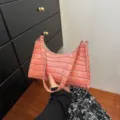 Pink crocodile pattern baguette bag chic shoulder handbag trendy underarm bag for women - Watermelon red