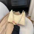 Chic off-white crocodile pattern baguette shoulder bag for women, trendy daily PU leather purse. - Light Khaki