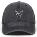 Detail view of washed cotton baseball cap featuring gesture embroidery, dark grey color. - Adjustable / Dark Gray