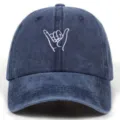 Unisex vintage washed cotton baseball cap with white gesture embroidery for outdoor activities. - Adjustable / Navy Blue