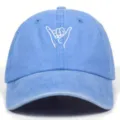 Washed cotton baseball cap with white shaka hand sign embroidery for outdoor sports daily. - Adjustable / Sky Blue