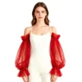 Close-up of sheer red tulle mesh arm sleeves showing delicate transparent texture and elastic cuffs. - One Size / Red