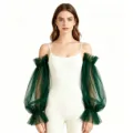 Sheer mesh sleeve detail showing dramatic puffy lantern sleeves and elastic cuffs for arm coverage. - One Size / Dark Green