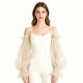 Sheer mesh detachable balloon sleeves, breathable arm cover, elegant sun protection accessory. - One Size / Champagne