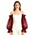 Detachable sheer mesh sleeves, wine red puffy arm cover, elegant sun protection apparel. - One Size / Burgundy