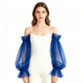 Close up of royal blue sheer tulle mesh sleeves, detachable arm cover, stylish ruffle cuffs. - One Size / Sapphire Blue