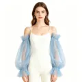 Sheer blue mesh puff sleeve detail, lightweight sheer tulle arm cover for women fashion. - One Size / Light Blue