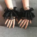 Black lace Lolita wrist cuffs detail view, Gothic ruffled sleeve accessory for daily wear. - One Size / Black