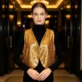 Gold sequin vest detail, chic sleeveless V-neck cardigan for party evening wear and daily commute. - Tops / Gold