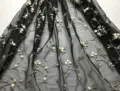 Detailed view of black mesh sheer fabric with delicate floral vine embroidery, lightweight texture. - One Size / Black