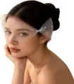 French bridal short veil sheer tulle crystal rhinestones wedding hair accessory detail - One Size / Milky White