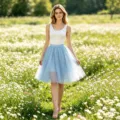 Detailed view of the fluffy tulle midi skirt in light blue, showcasing delicate layers. - Bottoms / Waist: 60-110cm (3 Layers Mesh Without Lining) / Light Blue