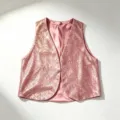 Pink sequin vest for women, shiny V-neck open front short cardigan for party and stage wear. - Tops / Pink
