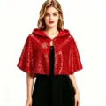 Cape à capuche en sequins rouges pour femmes court double couche costume de sorcière - Hauts / Taille unique / Rouge