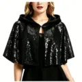 Cape à Capuche Paillettes Noire Courte Manteau Cosplay Sorcière Soirée Châle Femme - Hauts / Taille unique / Noir
