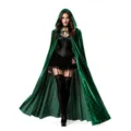Close-up detail of the deep green velvet hooded cape showcasing soft fabric texture and draping. - Dark Green