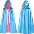 Double layer hooded cloak, blue exterior with pink lining and ribbon tie for party wear. - Robe / 80cm Shoulder to Hem / Pink and Blue