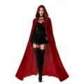 Red velvet hooded cloak detail shot, perfect for Halloween cosplay and gothic party outfits. - Robe / 100cm Length (Small Swing) / Red