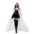 Detailed view of white velvet hooded cloak with black gothic cosplay costume outfit for party. - Robe / 100cm Length (Small Swing) / Ivory