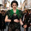 Halloween gothic feather cape and dark costume set for cosplay and party festival events. - One Size (Lace-up) / Tops / Green