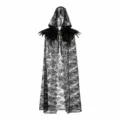 Black lace hooded cloak with feather collar, gothic witch cape for Halloween party costumes. - 130cm / Black