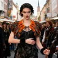Gothic black and orange feather shawl detail shot for Halloween costume party wear. - One Size (Lace-up) / Tops / Orange
