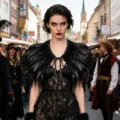 Gothic black feather cape shawl for Halloween cosplay party and dark fashion styles. - One Size (Lace-up) / Tops / Black