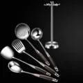 Stainless Steel Kitchen Utensils Set with Wooden Handle Spatula and Spoon Stand - 316 Stainless Steel Colorful Wood Handle Six-Piece Set