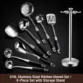 316 stainless steel kitchen utensil set with 8 pieces and 304 storage rack for home cooking. - 316 Stainless Steel Colorful Wood Handle Nine-Piece Set