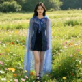 Shiny bronzing hooded mesh cape detail view, fairy cloak for stage show and party. - Sapphire Blue