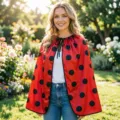 Roter schwarzer Pünktchen Marienkäfer Umhang Kostüm Halloween Damen Mode Cape Karneval Party - Schulter bis Saum 110cm (Einfassung)