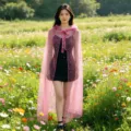 Pink glitter hooded mesh cape detail view, perfect for stage costume, Halloween and cosplay events. - 130cm Shoulder to Hem / Pink