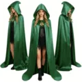 Dark green satin hooded cloak cape long costume for Halloween cosplay party dress outfit. - Dark Green