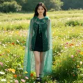 Green hooded tulle cape detail, shiny glitter mesh cloak for stage performance or costume. - 130cm Shoulder to Hem / Green