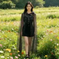 Shiny gold foil star tulle hooded cape black dress set for women stage show Halloween cloak - 130cm Shoulder to Hem / Black