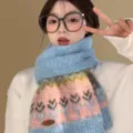 Sciarpa donna misto lana invernale fantasia jacquard Fair Isle scaldacollo morbido - blu-rosa