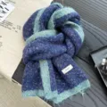 Wool blend color block knitted winter scarf, soft cozy warm korean style neck warmer blue green. - Blue Melange