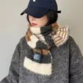 Women's striped wool knit scarf, autumn and winter thick warm neck protection fashion accessory. - Black White Khaki Stripe