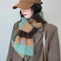 Women's color block striped knitted scarf autumn winter thick warm cozy neck wrap wool blend - Blue & Brown Stripes