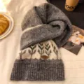 Winter warm knit wool blend scarf with Nordic fair isle pattern for cozy daily wear. - Gray